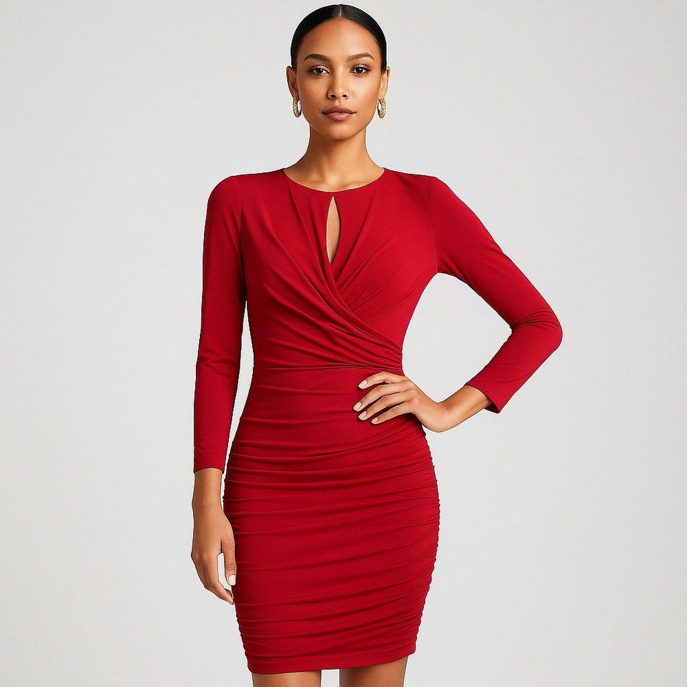 Tadashi Shoji Red Long Sleeve Ruched Sheath Dress